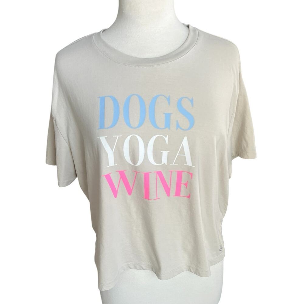 Dogs Yoga Wine Graphic Tee Short Sleeves Beige Zelos Casual Womens Size Large